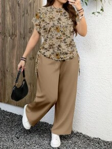 EMERY ROSE Bộ 2 bộ trang phục ngày lễ họa tiết hoa và da báo cỡ lớn, thích hợp cho mùa hè, trang phục giáo viên dành cho phụ nữ, quần họa tiết hoa thích hợp để đi chơi - Nhiều màu - Xem 1