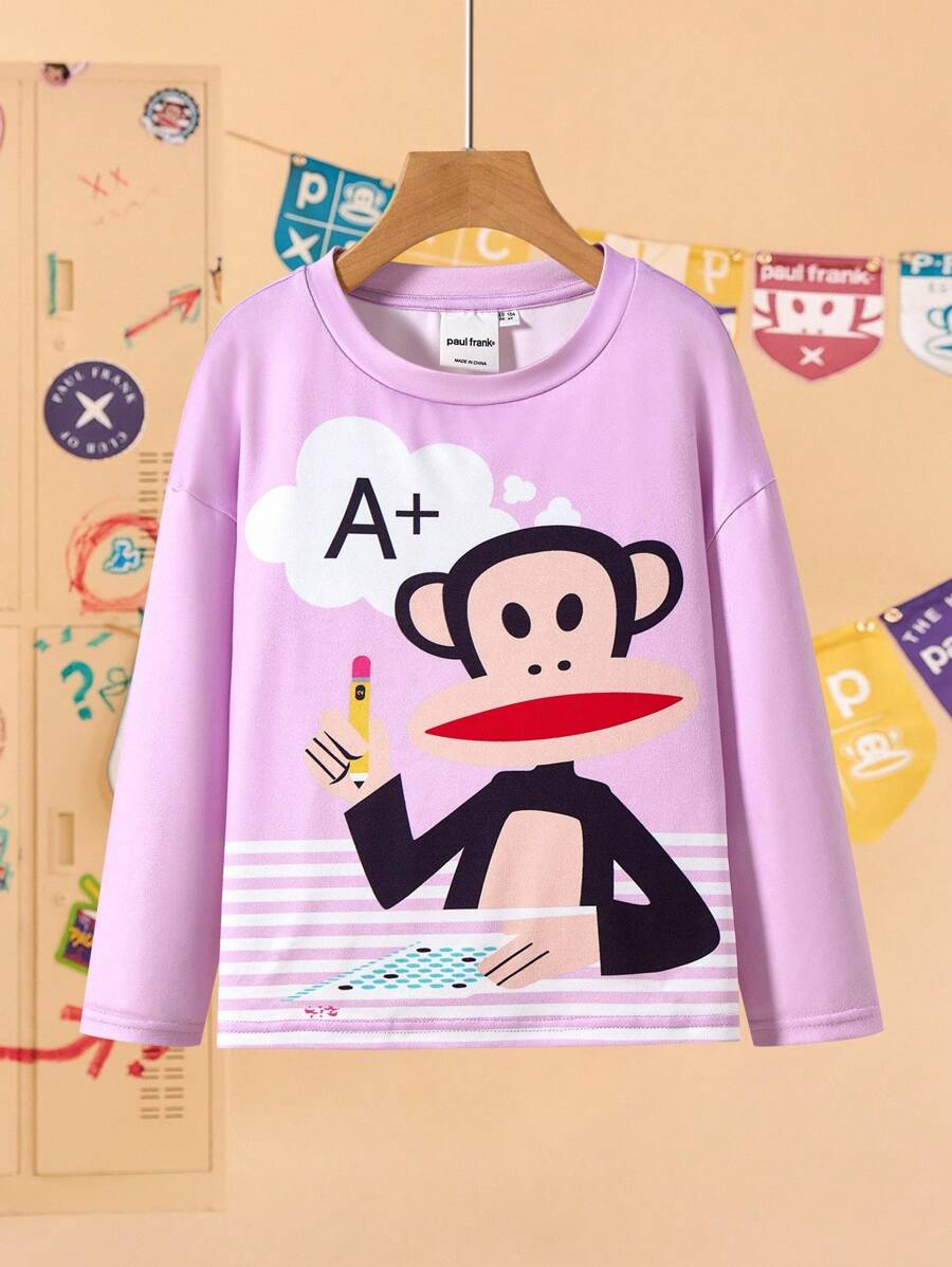 Paul Frank X SHEIN Áo thun dệt kim tay dài cổ tròn vai trễ họa tiết hoạt hình cho bé gái màu tím - Màu tím - Xem 1