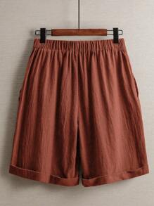 SHEIN JORESS Pantaloncini casual larghi in lino di colore unito con tasche per donna - Colore mogano - Visualizzare 4