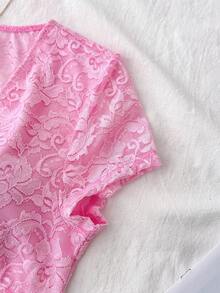 SHEIN TEENGIRL Cute & Sweet Pink V-Neck Semi-Sheer Lace Blouse, Elegant Short Sleeve Lace Top, Academic Style Pink Lace Top Lace Babydoll Top Pink Babydoll Top Girls Lace Top Sheer Lace Top Sheer Pink Top Pink Baby Doll Top Summer Knit Baby Doll Top Teen Girl Babydoll Top Girls Sheer Lace Top - Pink - View 5
