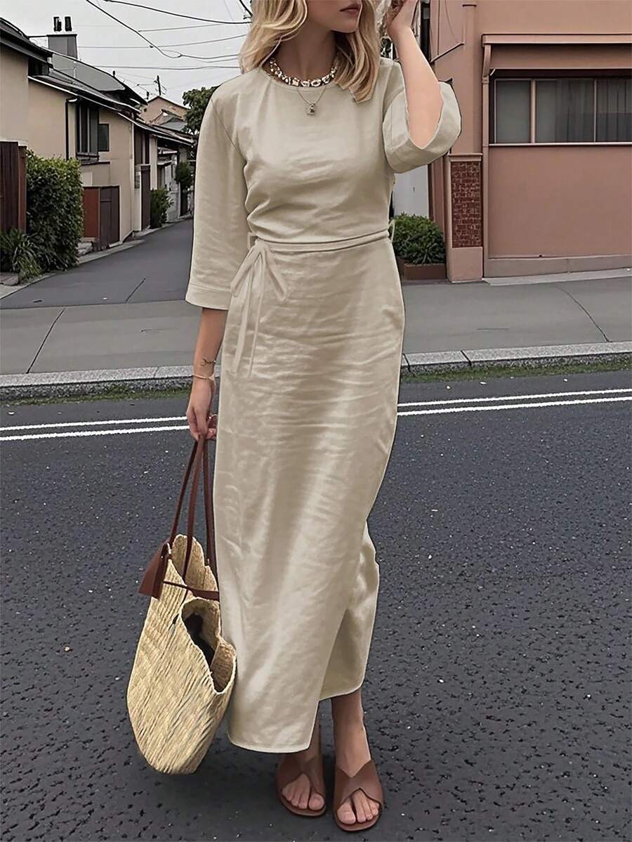 EMERY ROSE Women's Khaki Midi Dress With Flared Sleeves - Khaki - View 1