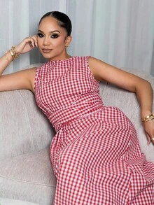 Melissa Matos Women's Summer Holiday Picnic Plaid Crew Neck Tie Waist Pocketed Sleeveless Loose Casual Dress, Suitable For Various Occasions, Casual, Commute And Travel Women Nice Dress Dresses Classy Elegant Women's Concert Attire,Graduation Dresses - Red and White - View 6