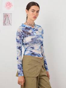 COUREZ 马匹印花薄纱长袖上衣/Y2K风格外出可爱春季性感外出上衣 - 藍色 - 查看 4