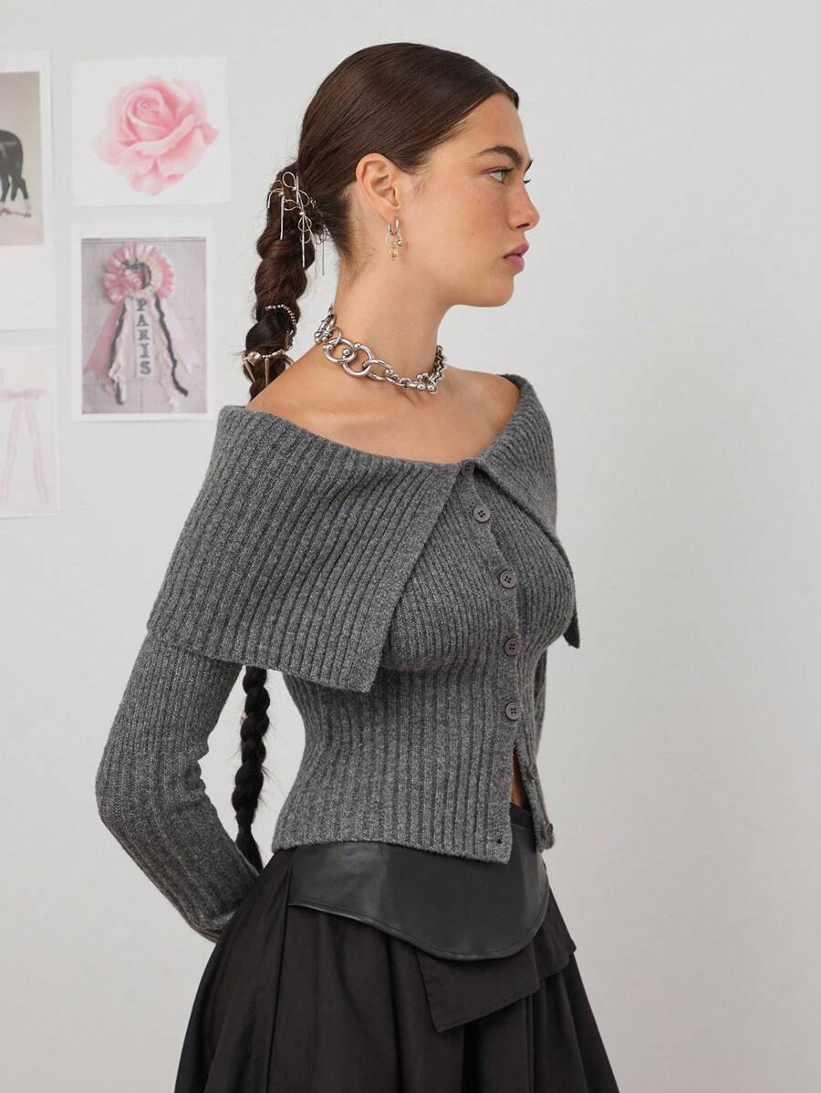 COUREZ Off The Shoulder Button Front Rib Knit Jumper /Y2K Fall Winter Going Out Outfits Fall Women Clothes Fall Clothes Cute Winter Sexy Going Out Tops New Years Outfits