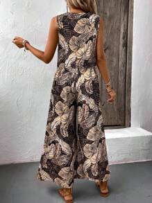 EMERY ROSE Bohemian Style Vintage Print Round Neck Crop Top And Wide Leg Pants 2 Pieces Set, Summer Beach Vacation Casual Outfit For Women - Multicolor - View 2