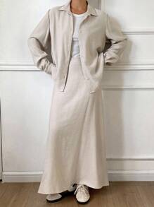 Livesso 女式全白衬衫上衣和宽松短裙两件套 - 杏色 - 查看 3