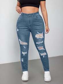 EURMUSE Plus Size Medium Wash Blue High Stretch Skinny Distressed Sexy Denim Jeans - Blue - View 5