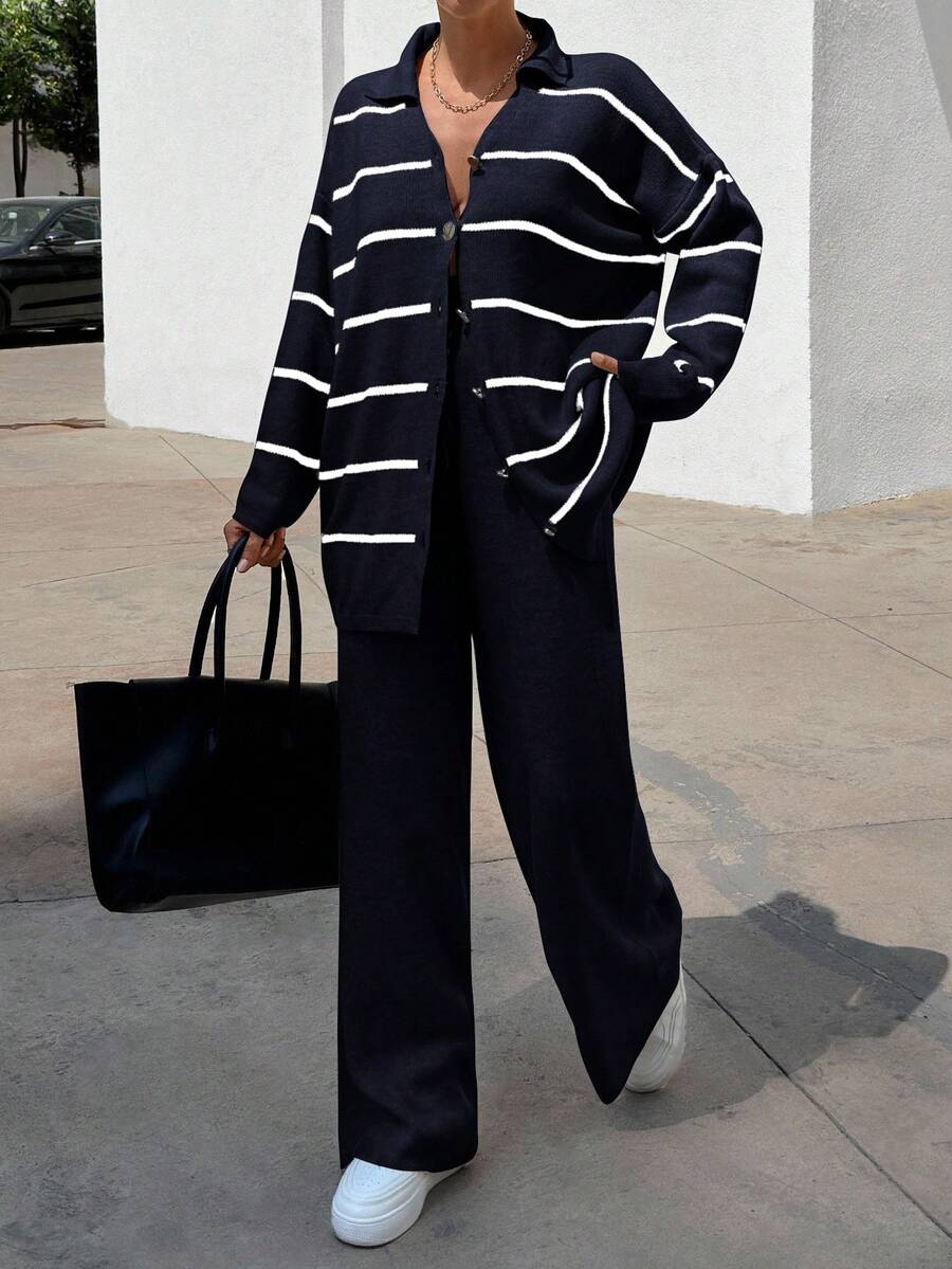 EURMUSE Women Striped Sweater Cardigan And Pant Set,Co Ord,Winter Clothes - Navy Blue - View 1