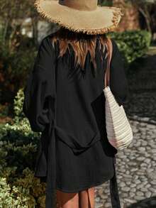 Women's Textured Cotton Crinkle Casual Shirt And Shorts Set - Black - View 2