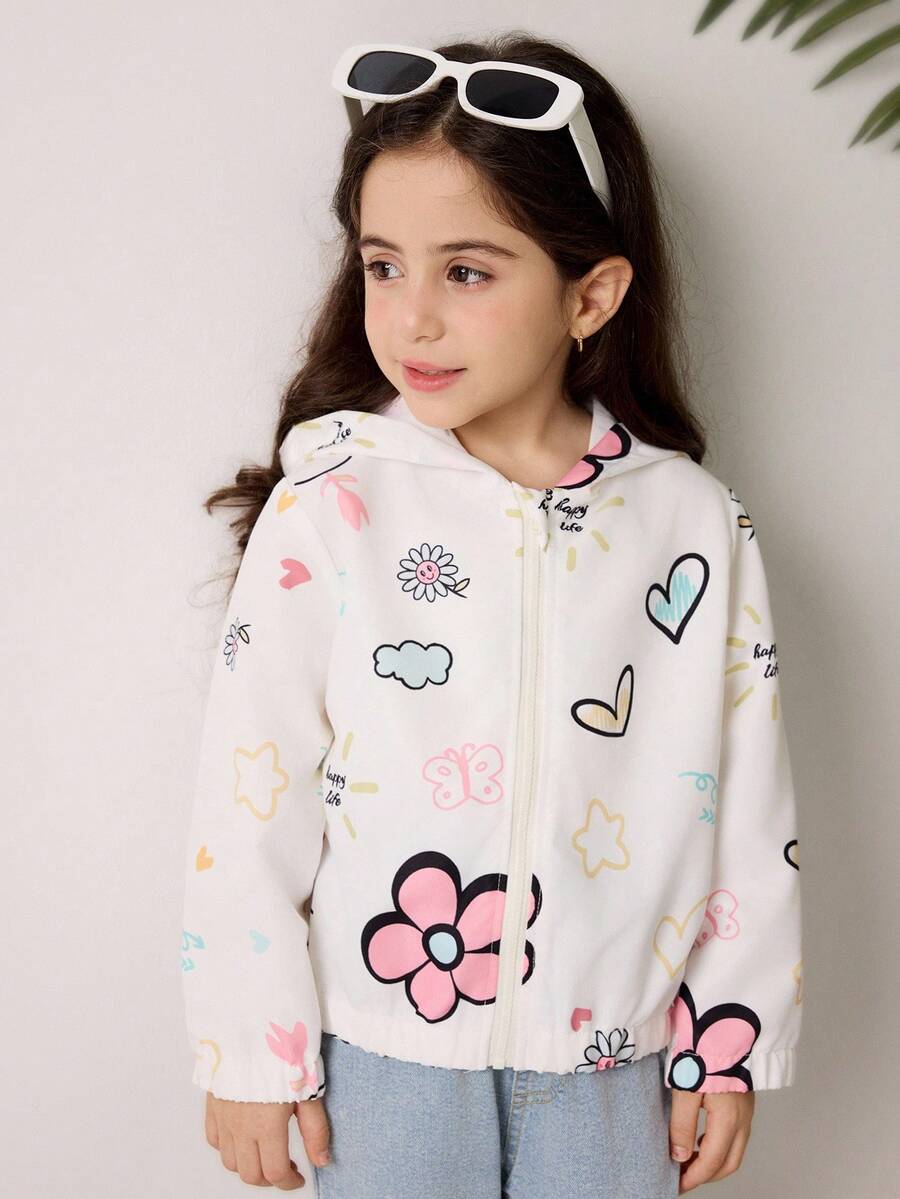 年轻女孩心形和花卉印花长袖拉链休闲连帽夹克 - 彩色 - 查看 1