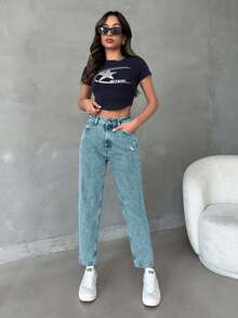 EURMUSE 女式高腰锥形休闲百搭牛仔裤 - 淺藍色 - 查看 5