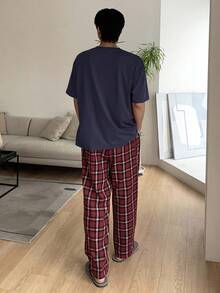 DAZY Navy Plaid Pants And T-Shirt Men's Loungewear Set, Spring/Summer Pajama - Navy Blue - View 2