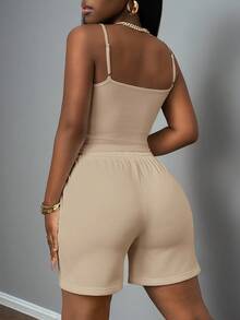 Slaydiva New Spring And Summer Casual Basic Sports Style U-Neck Suspender Vest + Five-Point Trousers With Tooth Strips Decorative Sweatpants White Women's Two Pieces Set-A - Apricot - View 11
