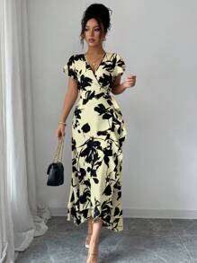 Elenzga 女式 V 领腰带荷叶边下摆长款休闲连衣裙 - 彩色 - 查看 4