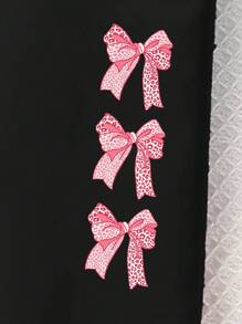 SHEIN 1 套女孩休闲时尚创意卡通可爱粉色豹纹蝴蝶结图案印花圆领短袖 T 恤和紧身裤套装，舒适的春夏装 - 彩色 - 查看 4