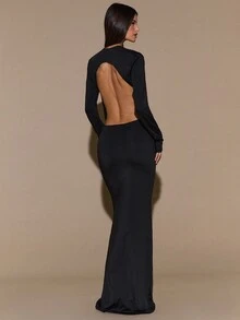 SHEIN BAE Autumn/Winter Solid Color Sexy Deep Draped Neck Backless Long Sleeve Bodycon Maxi Dress, Elegant Sexy Draped Neck Backless Long Dress, Party Cocktail Dress, 3D Floral Dress, Backless Dress, Black Elegant Maxi Dress,Wedding Guest Dress Women - Black - View 6