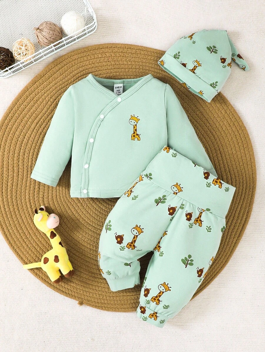 SHEIN Newborn Baby Cartoon Giraffe Print Long Sleeve Top And Pants Set - Green - View 1