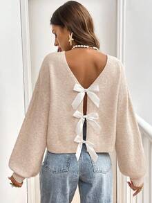 Serisse Women's Solid Color Bow Decor Long Sleeve Sweater Autumn Winter Clothes For Women Casual Spring - Beige - View 5