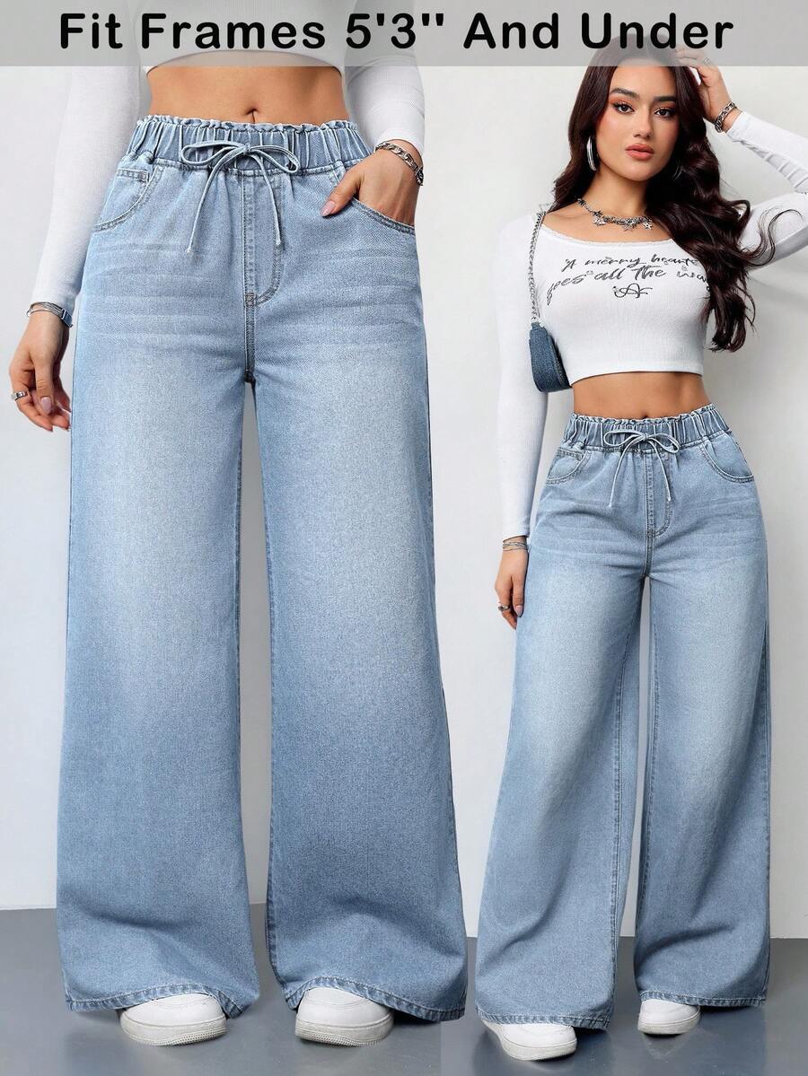 SHEIN PETITE 女士蓝色牛仔裤夏季阔腿裤舒适松紧腰带口袋夏季休闲装 - 淺色水洗藍 - 查看 1