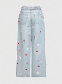ROMWE Kawaii 女式大码草莓蝴蝶结花朵牛仔裤 - 淺色水洗藍 - 查看 3