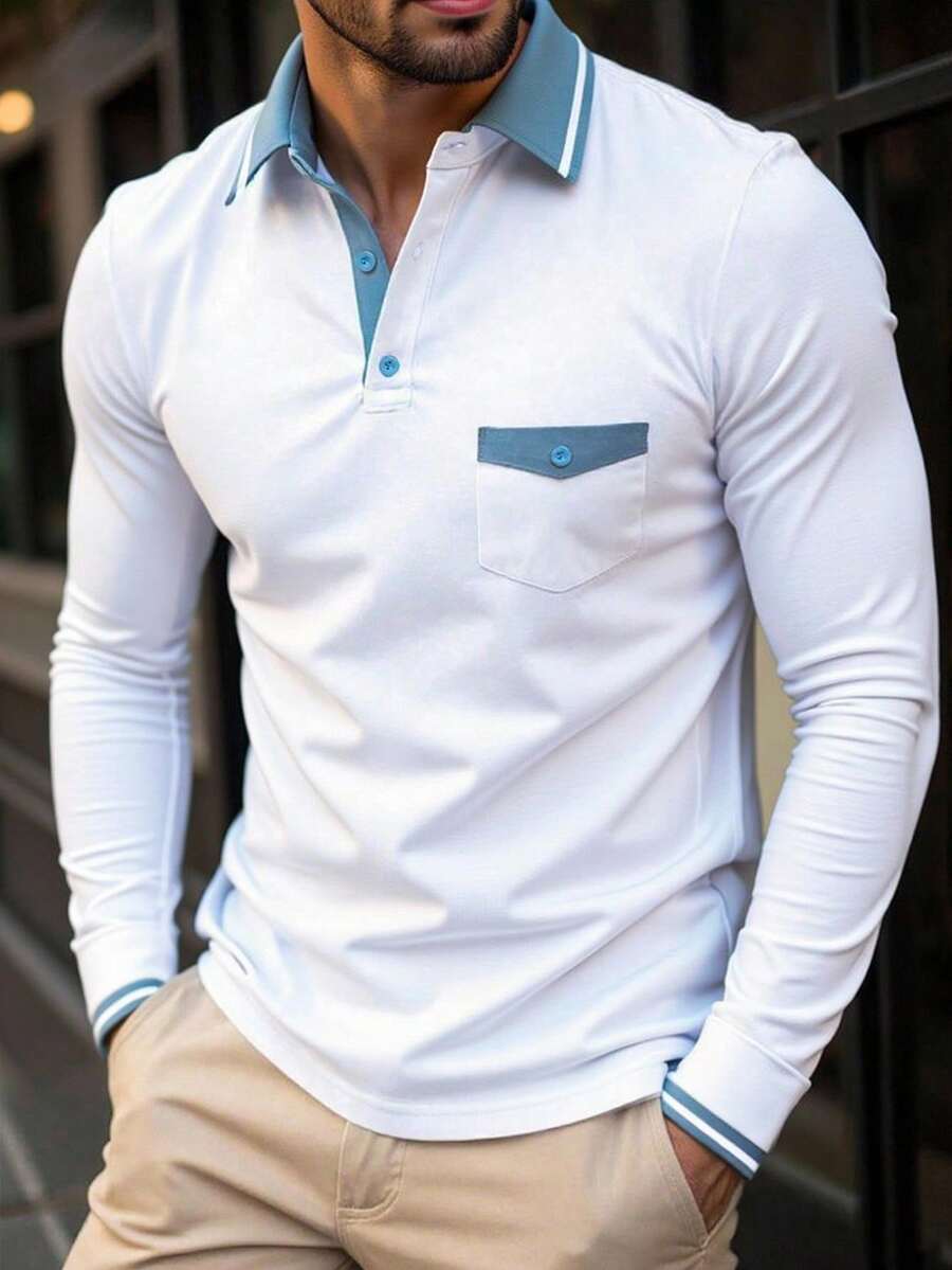 Manfinity Homme Áo thun polo nam tay dài màu tương phản, thường ngày, đi làm, Áo thun polo nam tay dài, Áo thun polo trắng và xanh nam, Áo thun polo nam tay dài, Áo thun polo nam thời trang, Áo thun polo nam mùa hè - trắng - Xem 1