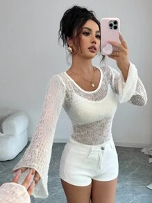 INAWLY 女士度假休闲纯色修身针织毛衣、长袖上衣