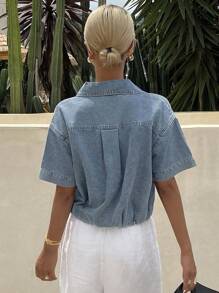 Livesso Women's Turndown Collar Short Sleeve Casual Loose Denim Blouse Women Jacket,Fall Women Clothes - Light Wash - View 2