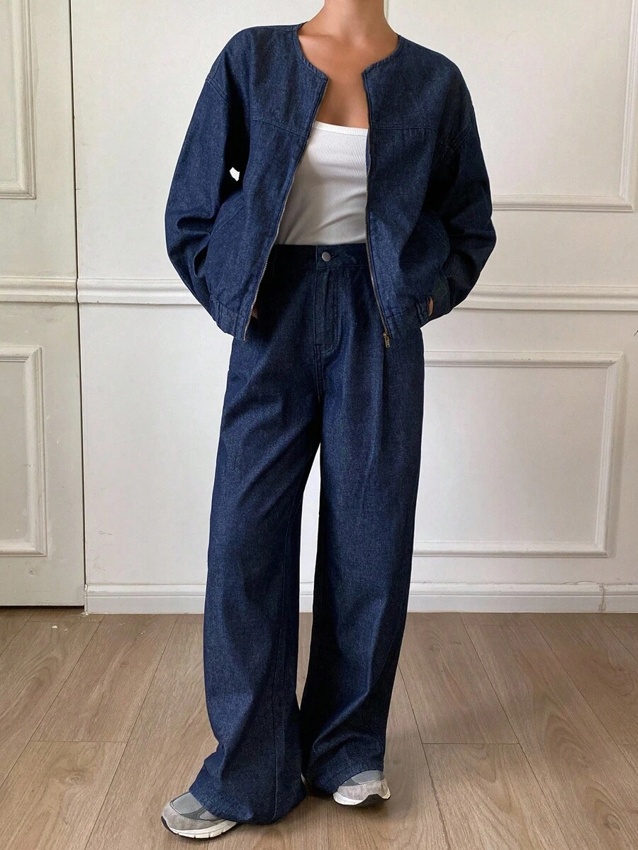 Livesso 2 piezas Conjunto de chaqueta y pantalones de mezclilla casual urbano para mujer, otoño/invierno - Azul - Ver 1