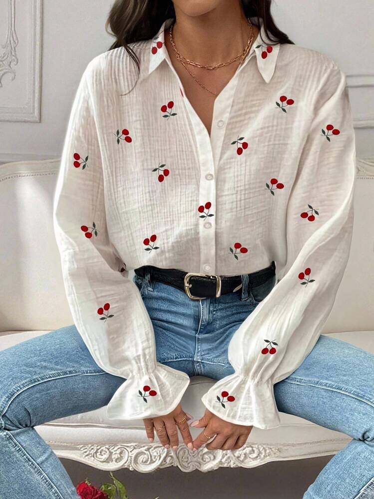 Chemise à manches longues à simple boutonnage avec imprimé cerise pour femmes grandes tailles