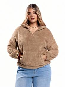 Solavibe Sudadera con media cremallera, bolsillos y manga larga de unicolor para talla grande, para invierno - Camel - Ver 1
