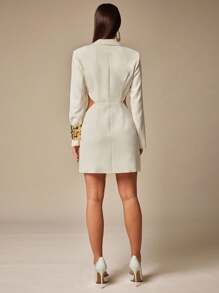 Silquee 高端系列秋冬纯米色早秋时尚女装适合上班办公室女士商务休闲女装西装套裙垂坠丝带设计，不对称设计高端西装套裙，一字肩棉质设计，优雅淑女女装，端庄大方简约简约长袖时尚连衣裙，适合日常穿着，优雅西装套裙，适合日常约会，夜间办公室，夜店，聚会，派对 - 杏色 - 查看 2