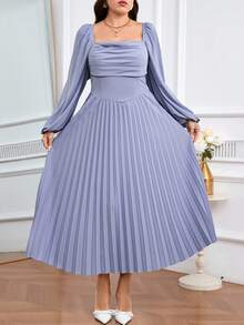 Modelyn Rochie cu mânecă lungă, plisată, în culoare solidă, mărime plus, cu guler pătrat - Albastru - Vizualizare 6