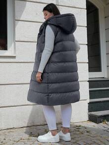 EURMUSE Plus Size Zip Up Drawstring Hooded Puffer Vest Coat - Dark Grey - View 2