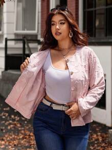 Vionelle 女士加大码优雅时尚高端简约纽扣装饰口袋夹克 - 粉色 - 查看 6