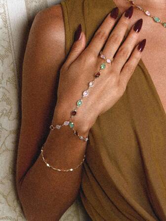 Glisma 18K Gold-Plated 1pc Beaded Finger Chain Bracelets, Suitable For Party, Casual, Concert/Festival, Night Club, Cute, Luxury, Metal/Metallic, Zirconia, Gemstone Decor, Wedding, Holiday, Vacation, Camping, Y2K/For Mom/Women/Girl, Fall/Autumn/Winter, Festival, Holiday, Vacation, Old Money, Halloween