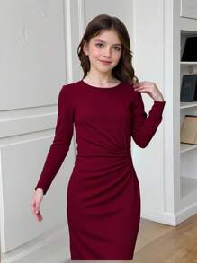 SHEIN Vestido de manga larga ajustado de longitud media con nudo retorcido de unicolor informal para niña preadolescente, adecuado para Halloween, Navidad, fiesta elegante, color vino tinto - Burdeos - Ver 5