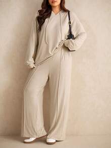 Elaquor Plus Size Solid Color Minimalist Casual Hoodie Long Sleeve Top And Pants 2 Pieces Set Fall - Grey - View 5