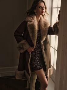 MOTF PREMIUM PU LEATHER FUZZY PANEL LAPEL COLLAR SINGLE BREASTED PLACKET BELTED COAT , FALL WINTER - Coffee Brown - View 5