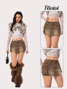Rivivi Women's Fashion Mini Denim Skirt With Pockets - Brown - View 1