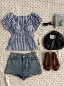 CovetEZ Navy Blue & White Plaid Woven Blouse For Women - Navy Blue - View 7