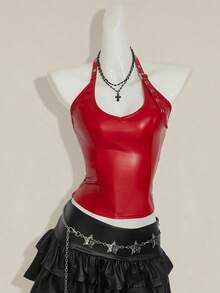 SHEIN ICON Damen einfarbiges minimalistisches Spaghetti-Träger rückenfreies PU-Leder Y2K Camisole Top, Party-/Urlaubsmode, Alltags-Lässig, Weinrot