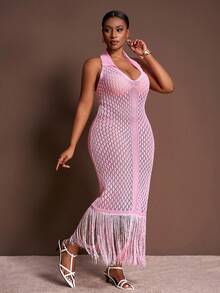 Slaydiva Đầm len dài không tay màu hồng trơn lãng mạn, cổ yếm, vạt tua rua, dành cho nữ, size lớn, mùa đông thu. - Hồng - Xem 6