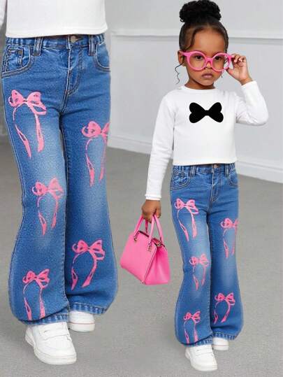 Young Girl Denim Bow Print Flared Casual Pants, School, Campus, College Summer Holiday