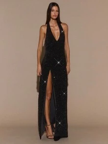 SHEIN BAE 女士黑色纯色亮片深 V 领高开衩优雅超长亮片长裙，适合派对、正式场合、夜总会、天鹅绒小黑裙 - 黑色 - 查看 5