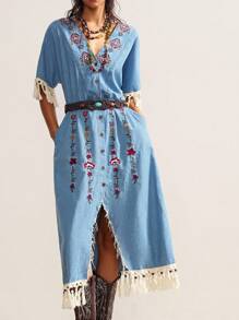 Bohemela 波西米亚风西部牛仔复古度假波西米亚刺绣休闲梭织女式牛仔连衣裙