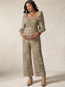 Boho Mama Schwangeren Frauen Blümchen Jumpsuit mit quadratischem Ausschnitt und weiten Beinen, elegant für den Urlaub