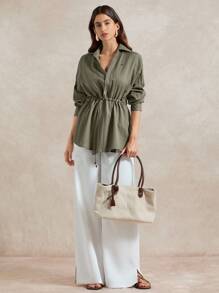 Briarwyn 女士休闲纯色抽绳长袖衬衫，适合日常穿着 - 軍綠色 - 查看 7