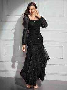 Modelyn 女式闪光面料方领长袖连衣裙 - 黑色 - 查看 4