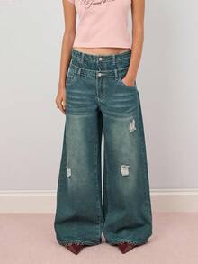 COUREZ Double Waistband Oversized Jeans /Y2K Going Out Outfits Fall Women Clothes Fall Clothes Cute Low Rise Jeans