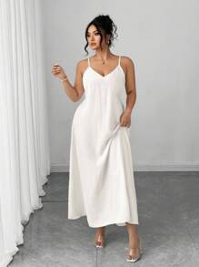 SHEIN PETITE CURVE Váy không tay màu trơn cỡ lớn dành cho nữ, mùa hè - Màu be - Xem 6